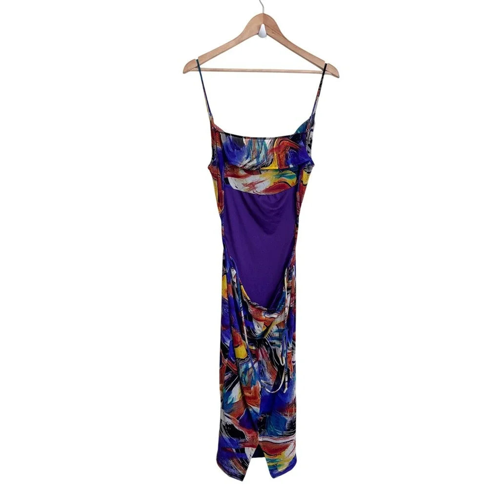 Mesh‎ Open Back Womens Abstract Artsy Cowl Neck Slip Midi Dress Size L Romantic